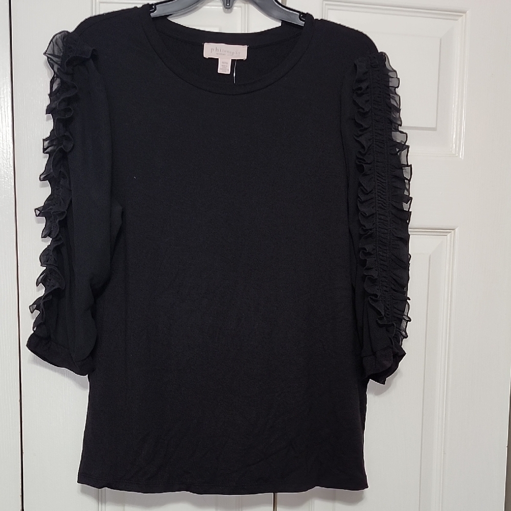 Philosophy Black Ruffled 3/4 Sleeve Blouse